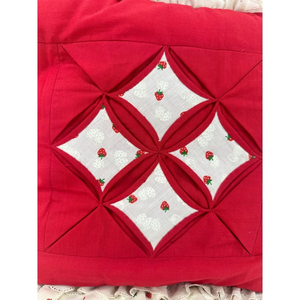 Vintage Red Strawberry Cottagecore Quilted Throw Pillow Ruffle Eyelet Lace